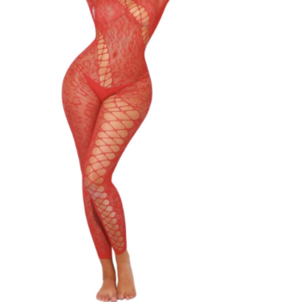 Elegant Red Sheer Lace Full Body Bodysuit with Open Back - Picture 4 of 5